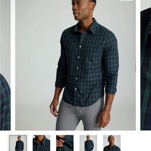 Lange Men's Navy and Green Plaid Button Down Shirt